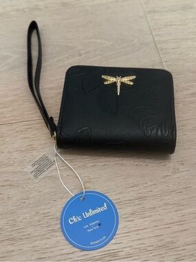 Black Compact Faux Leather Wallet with Gold Dragonfly Accent